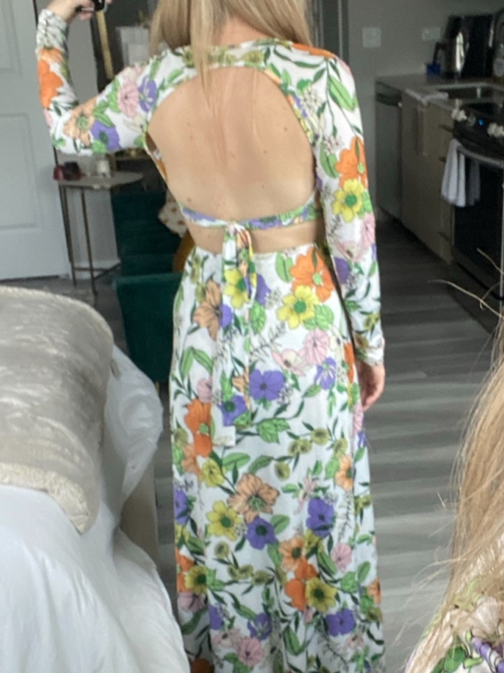 AFRM REVOLVE FLORAL Open-Back Maxi Dress - White with Orange, Purple & Green